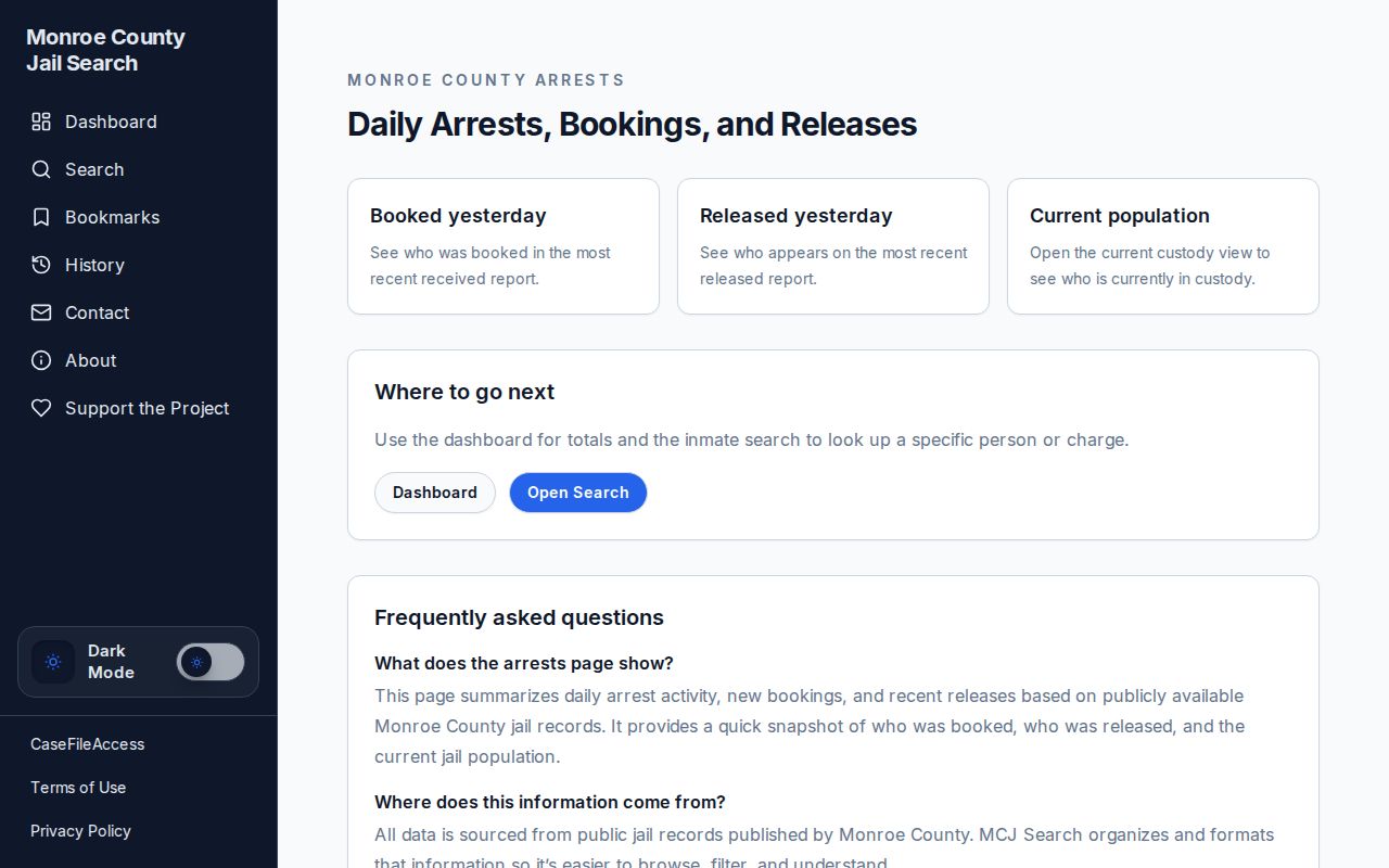Unofficial MCJ Search Monroe County arrest dashboard
