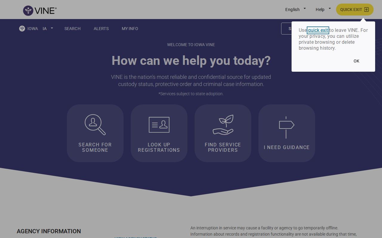 Iowa VINELink search and custody alert registration interface