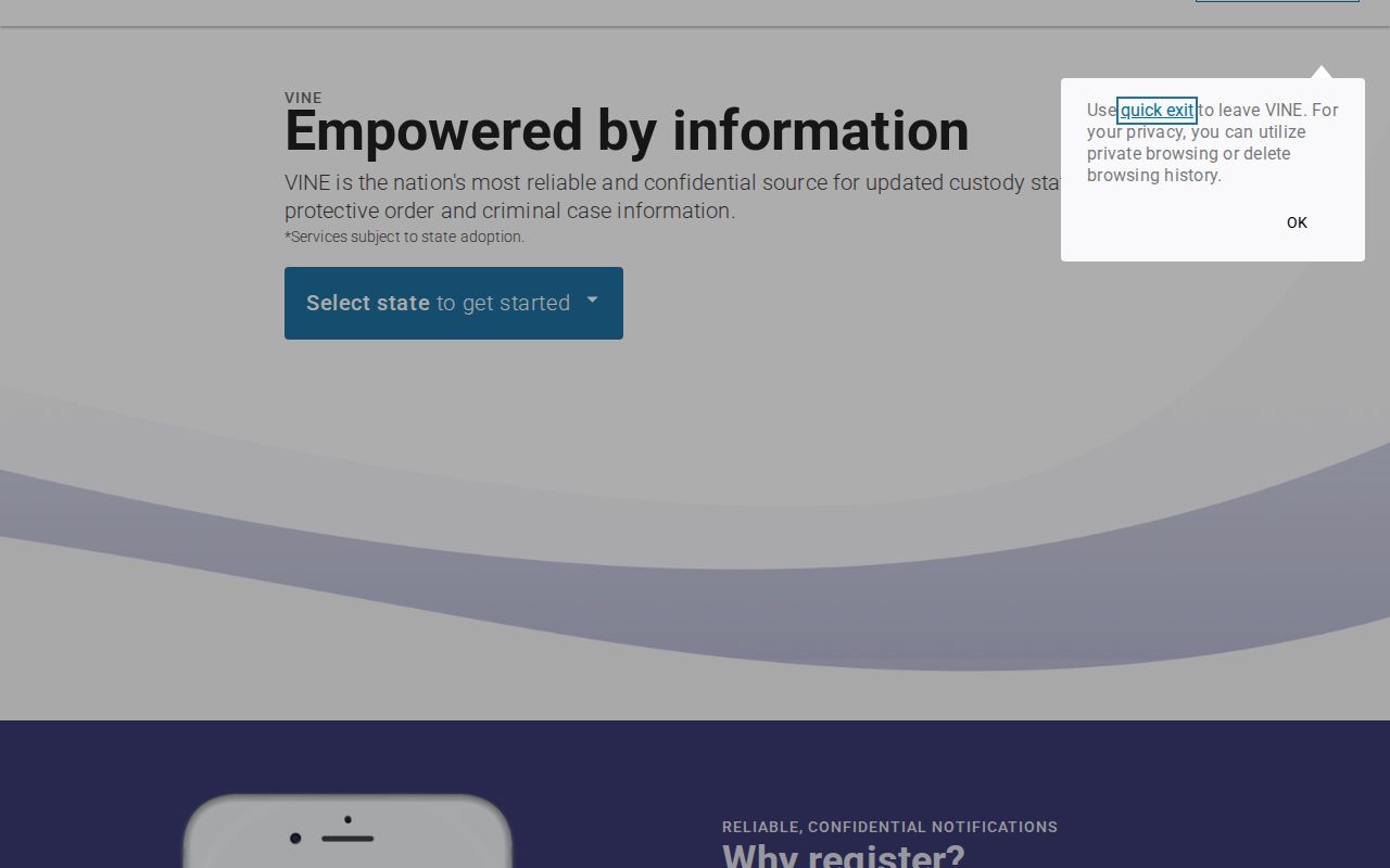 VINELink official state selection screen for Iowa custody searches