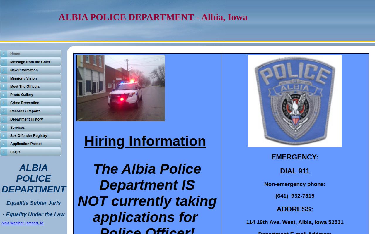 Legacy Albia Police page with historical custody and report information